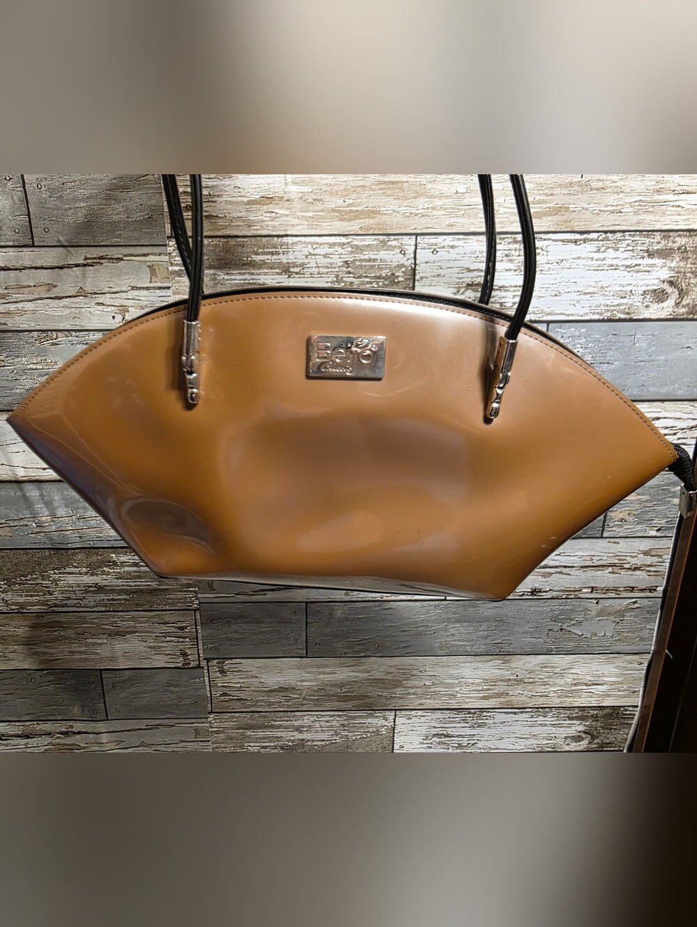 Beijo Brown Patent Shoulder Bag with Black Straps